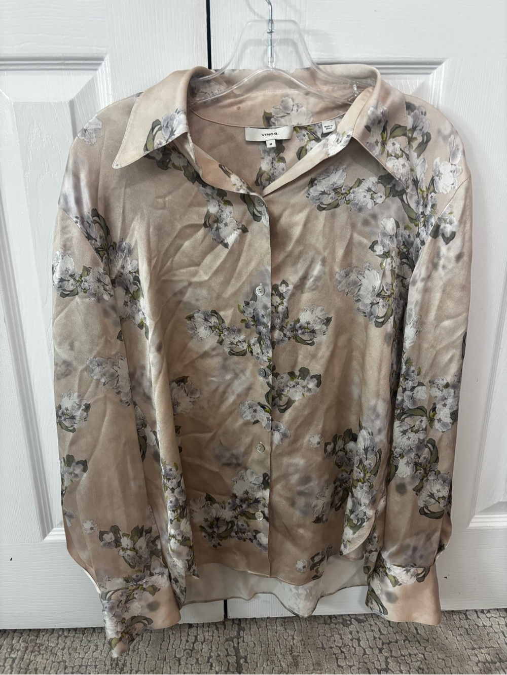 Vince Floral Satin Button-Up Shirt - Beige & White Womens size m